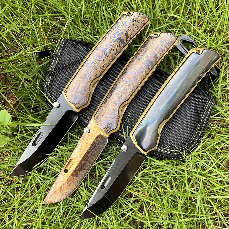 New VG10 Steel All Titanium Alloy Handle DLC+Laser Pattern+Anodized Outdoor Wild Fruit Knife Collection EDC Survival Knife