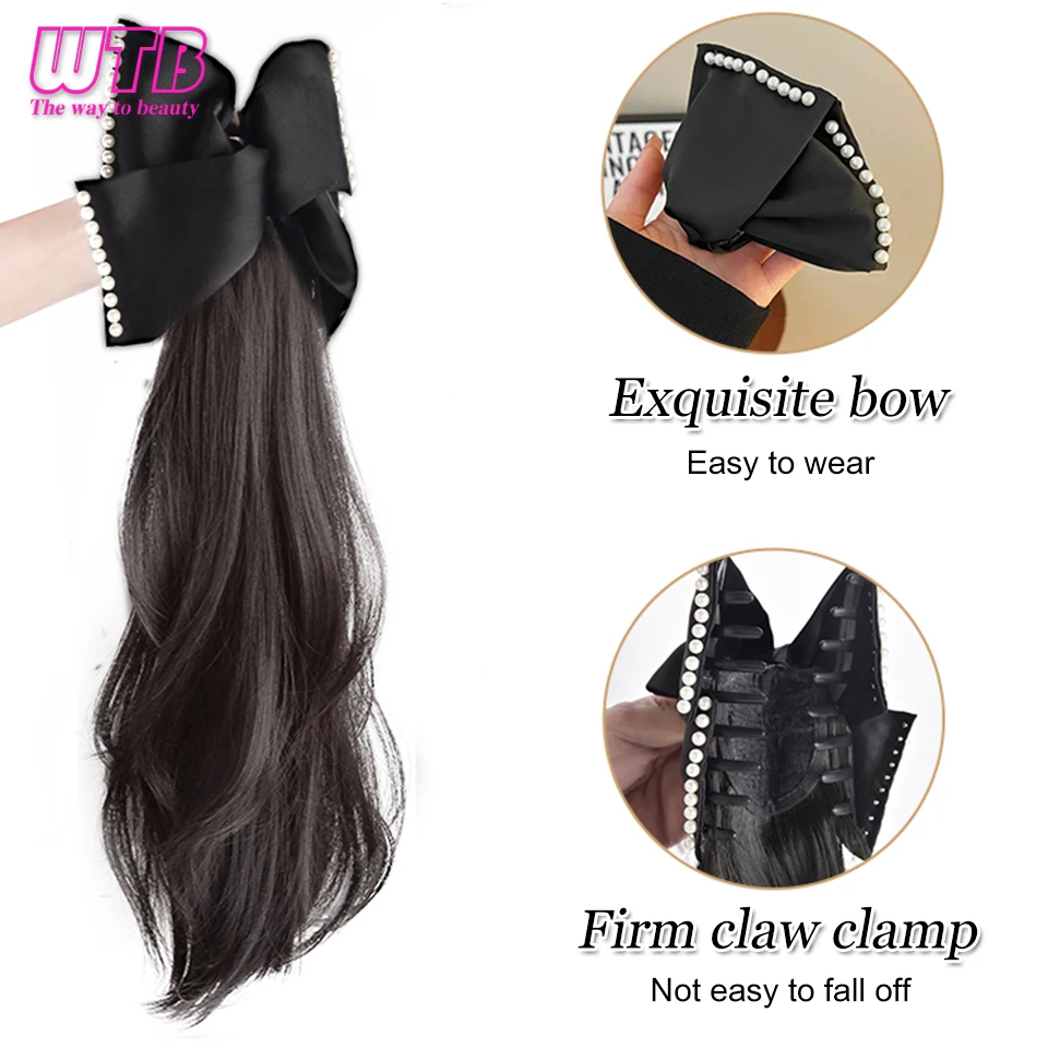 WTB Synthetic Bow Knot Ponytail Wig Clip Type High Ponytail Female Retro Pearl Low Tie Wig Ponytail Braid