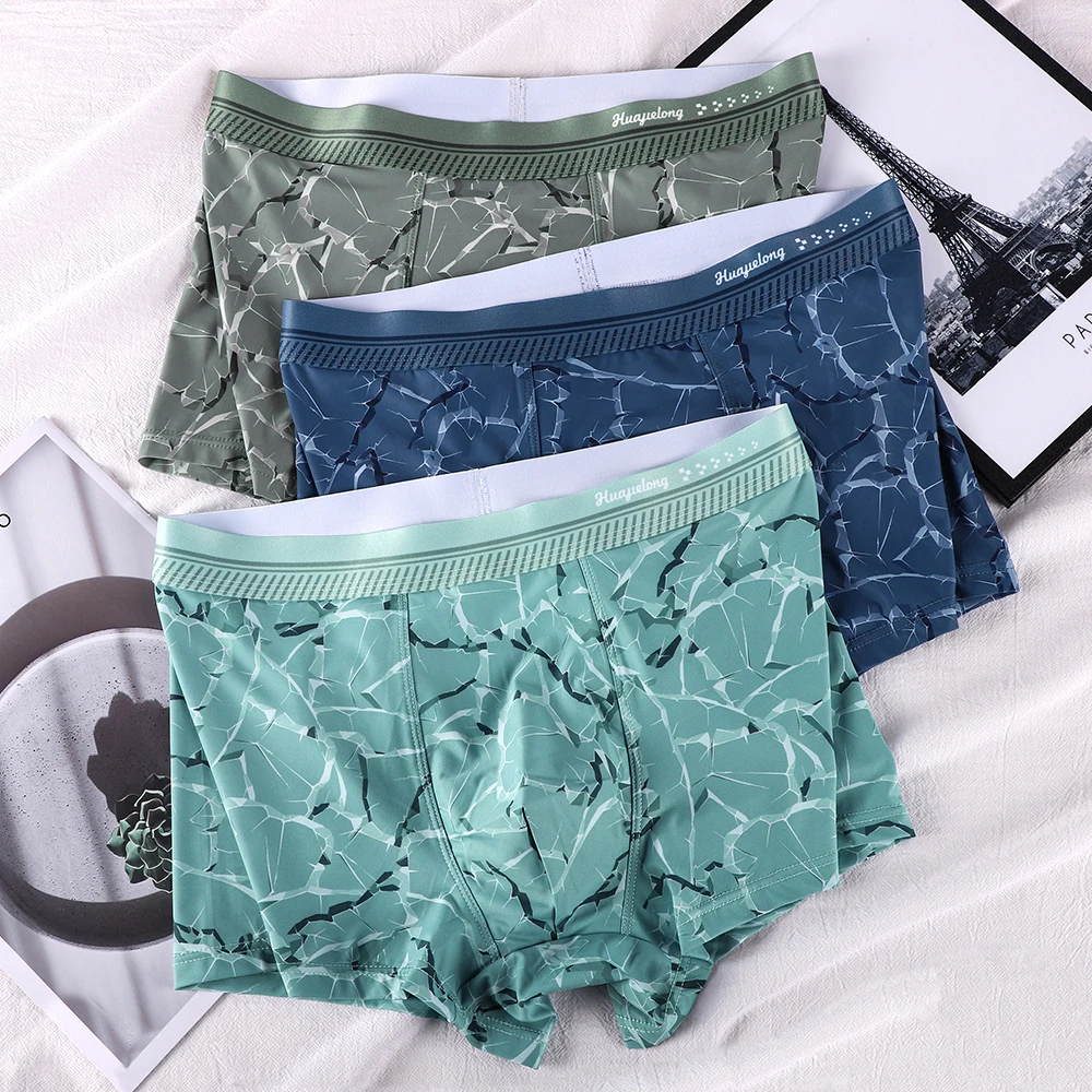 

1/3 шт. Роскошные мужские трусы-боксеры из ледяного шелка с принтом, антибактериальные, с сетчатым шелковым кармашком, бесшовные, высокоэластичные, мужское нижнее белье
