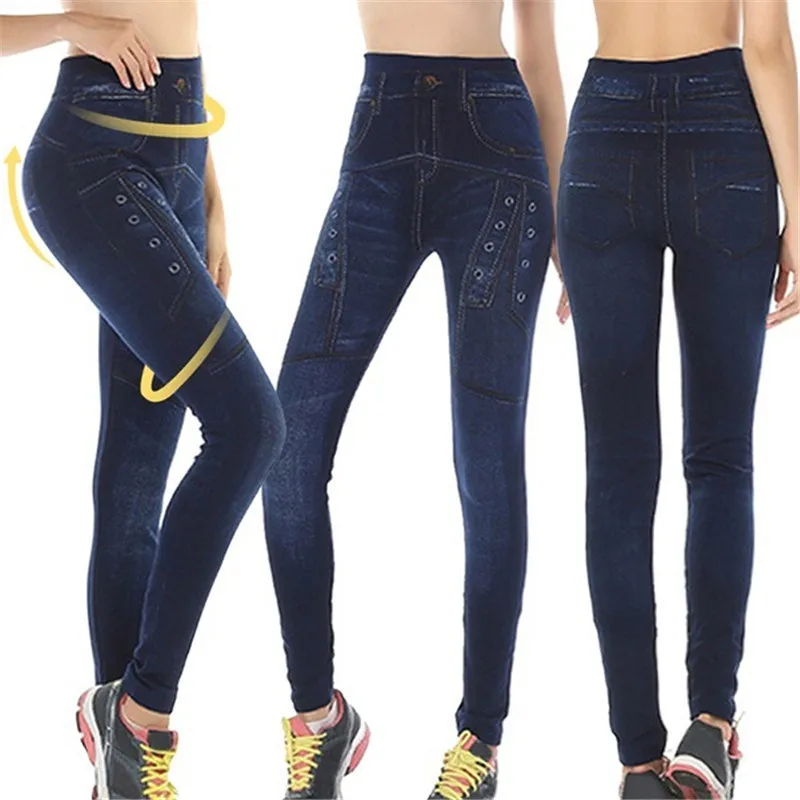 Legging Mulus Populer Celana Legging Denim Biru Wanita Legging Denim Imitasi Olahraga Gambar Cetak Baru dengan Lubang Kancing