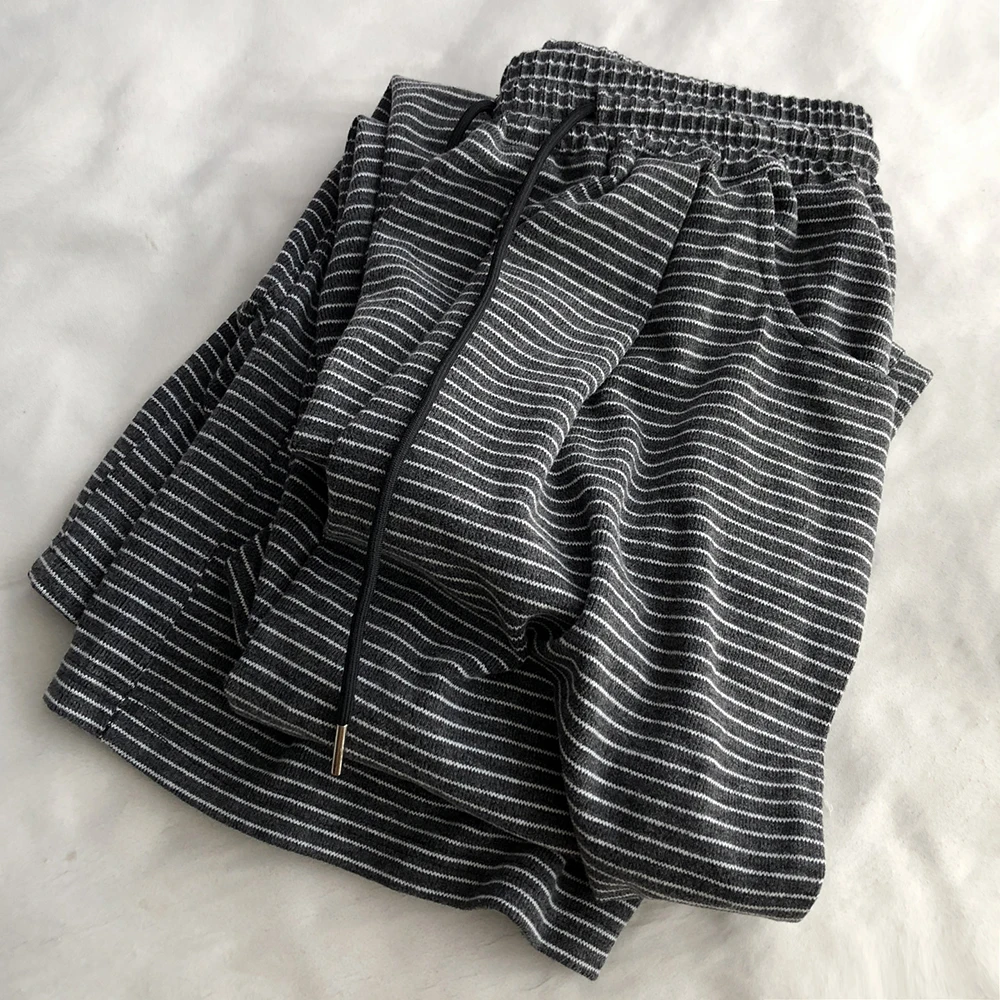 Nuevos pantalones informales a rayas de otoño para mujer, pantalones de pierna ancha con cordón de cintura elástica de color gris oscuro, pantalones rectos largos que combinan con todo para el hogar