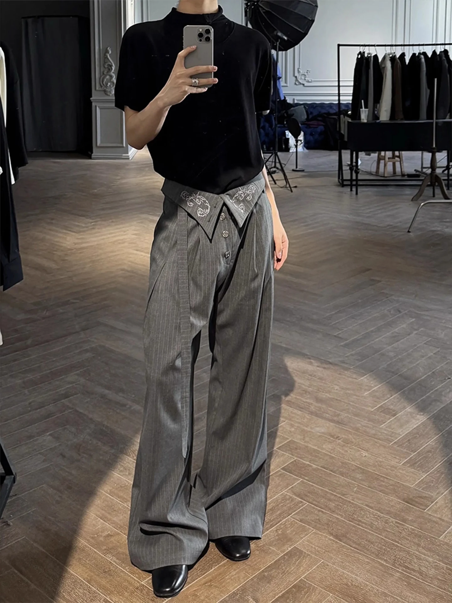 

Zen Sle Men's Embroidered Straight Leg Pants Autumn Winter Sword Dance Sa Striped Trousers High Waist Flared Drapey Pants