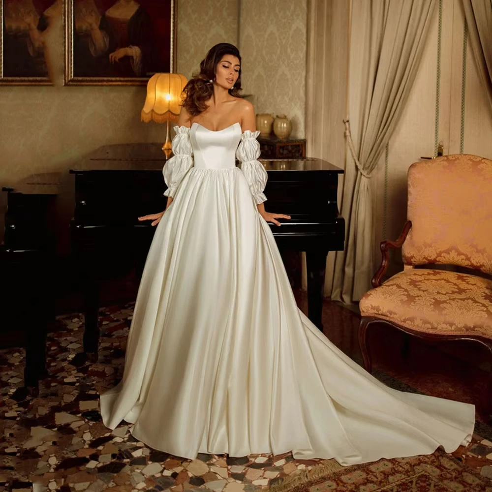 

Pincess Off Shoulder Puff Sleeves Wedding Dresses Soft Satin Backless A-Line Sweep Train Bridal Gowns Vestidos De Novia