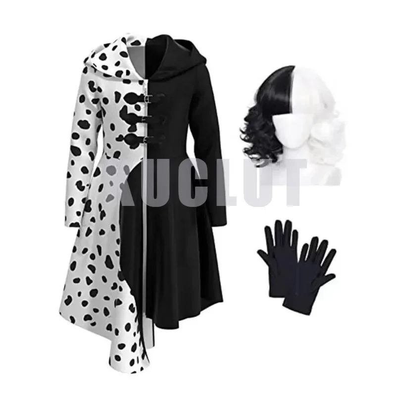 Disfraz De Cruella De Vil para mujer, traje De mucama, traje De Halloween, ropa De juego De rol, uniforme De fiesta, peluca