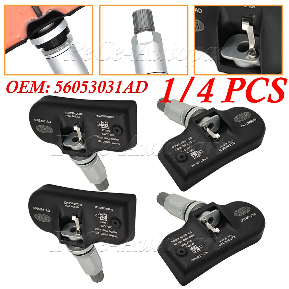 1/4PCS 433MHz TPMS Tire pressure sensor 56053031AD For Chrysler 300C 200 Grand Voyager Dodge Journey Charger Jeep Compass