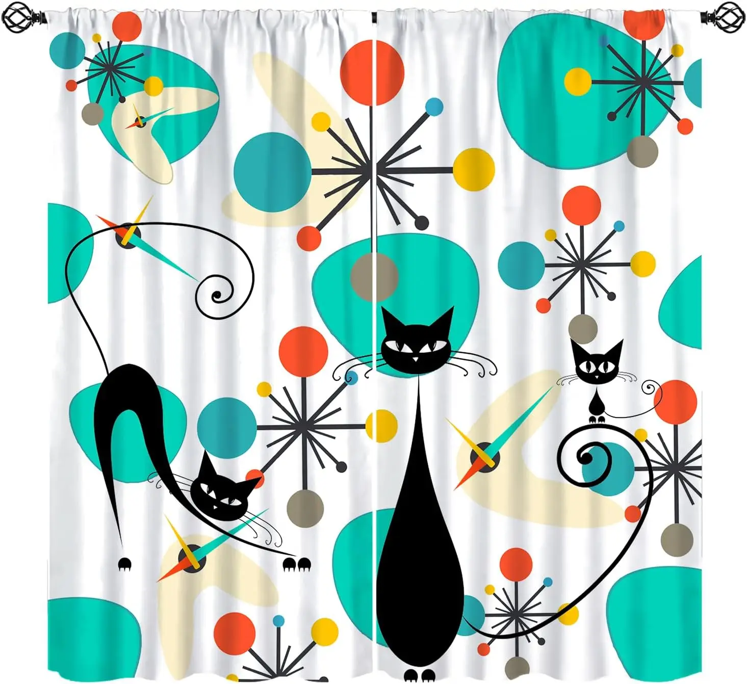 Mid Century Blackout Curtains Atomic Abstract Black Cat Thermal Insulated Rod Pocket 2 Panel Drapes for Bedroom Living Room