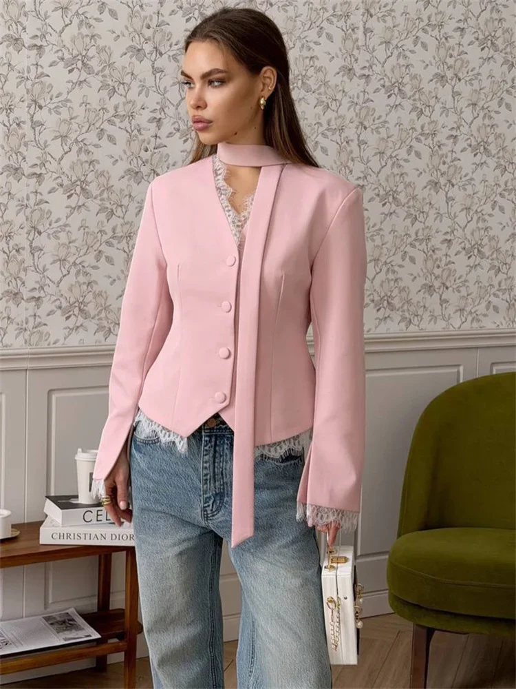 2026 Women Blazer V Neck Scarf Neck Lace Trim Button Front Long Sleeve Elegant Chic Office Party Casual Autumn Fashion Jacket