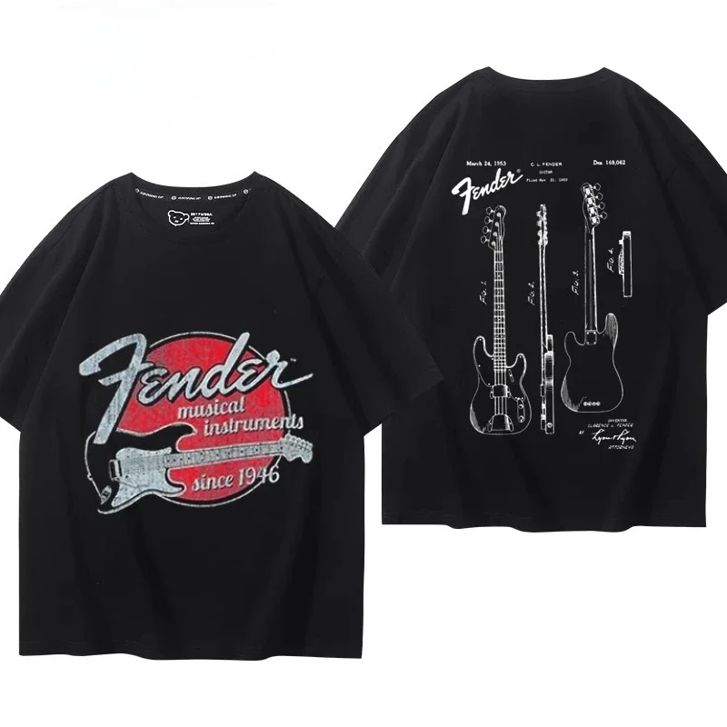 Summer 100% Cotton Short-Sleeved Top with Jazz Rock Print. Men's T-Shirt with Bass and Guitar Instruments. Fenda Street Style.