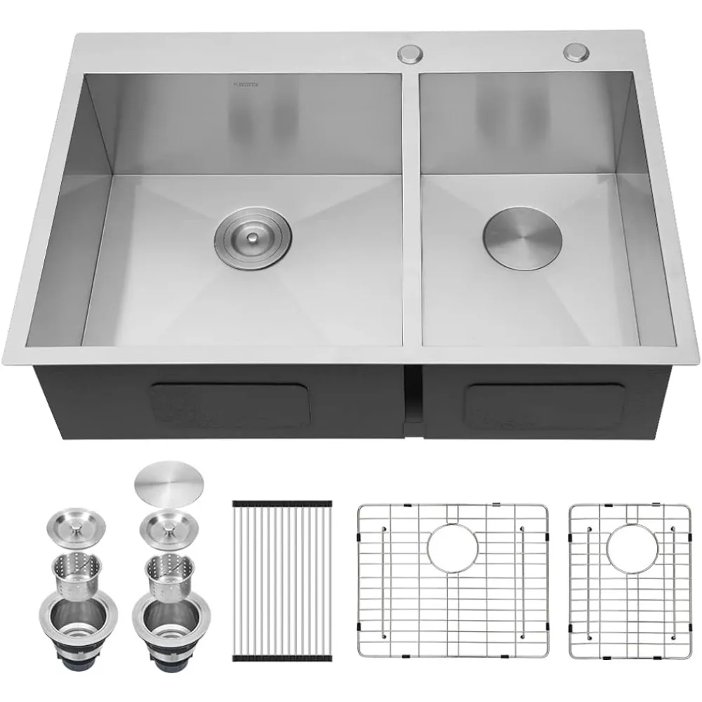 33 Inch Kitchen Sink Double Bowl 60/40 Stainless Steel 18 Gauge Drop In Top Mount Overmount Kitchen Sink Basin Washhand Stand