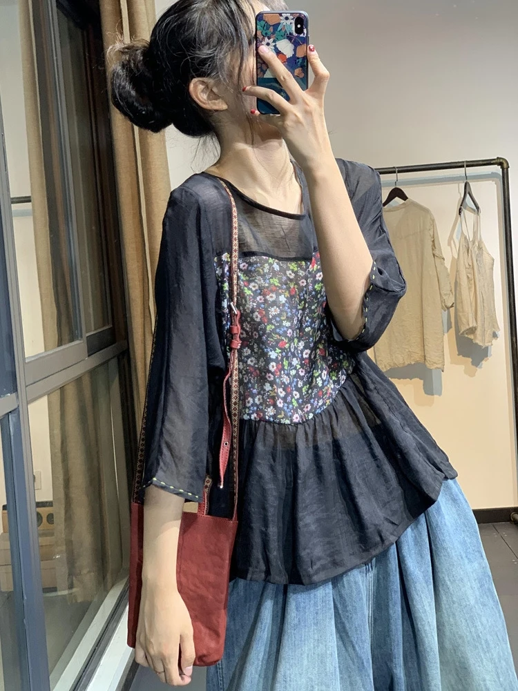 Top in cotone leggero con stampa floreale vestibilità ampia irt Top patchwork artistico vintage da donna rotondo Ne Seven Sve Ladies irt