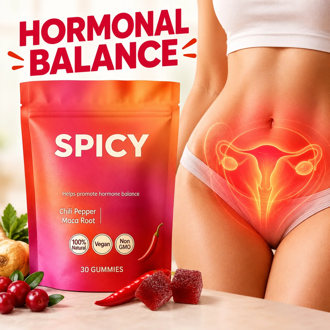 Spicy Gummies for Women for Hormonal Balance & Intimate Wellness with Maca Root Chili Pepper Cranberry & Probiotics 30 Gummies
