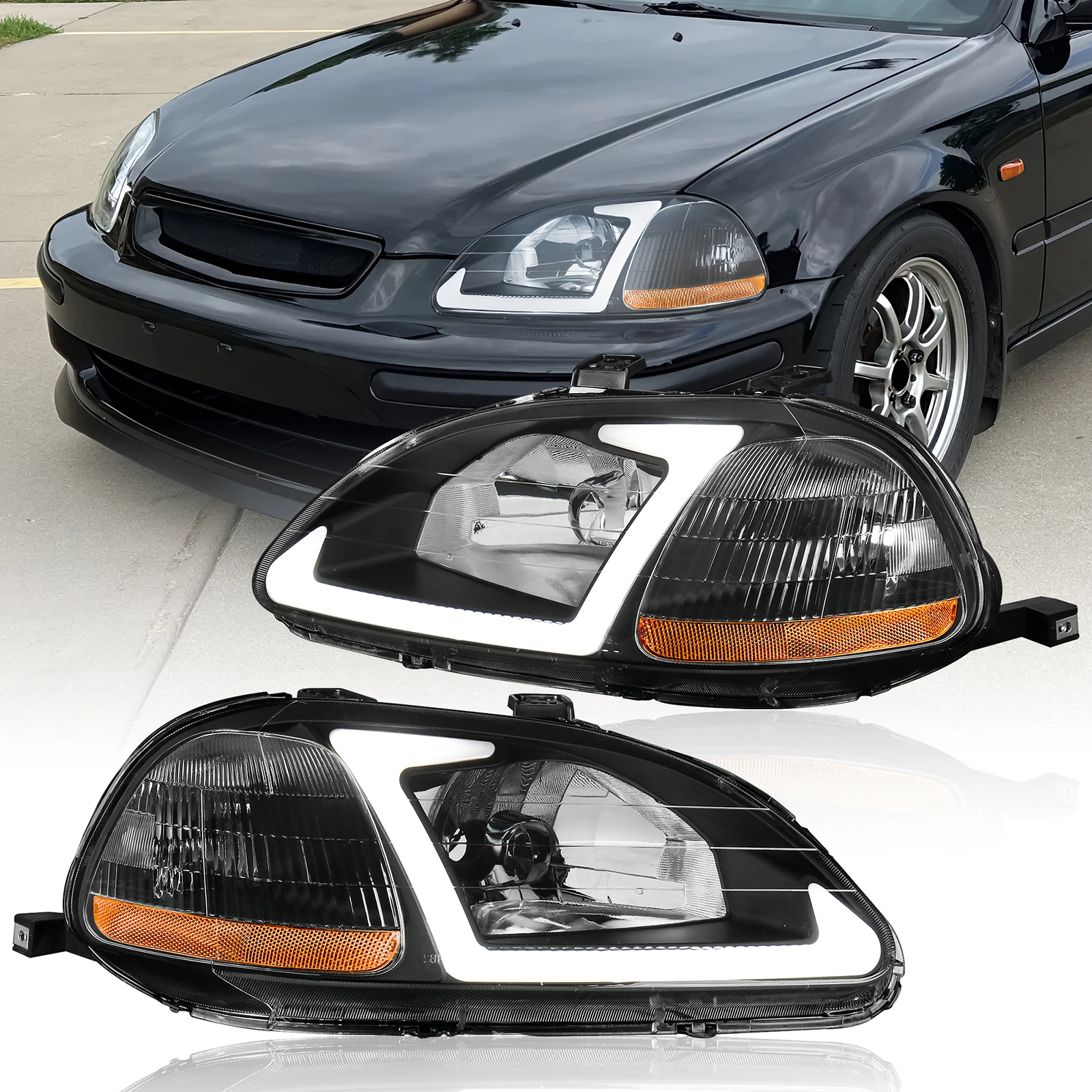 

Pair LED & DRL Bar Headlights Front Lamps For 1996-1998 Honda Civic EJ EK EM