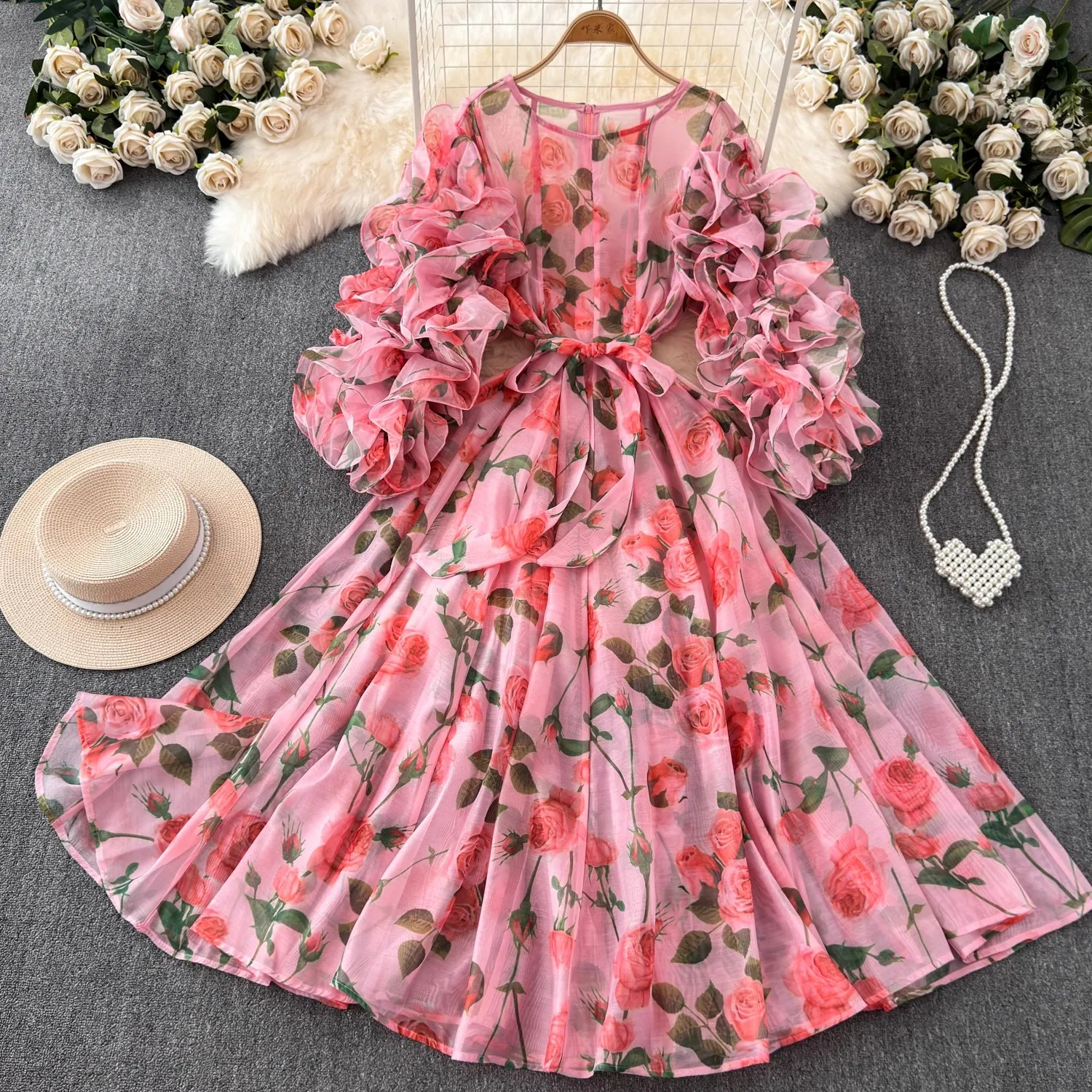 

French Luxury Summer Boho Gorgeous Flower Print Holiday Long Dress Runway Women O Neck Petal Sleeve Lace Up Loose Floral Vestido