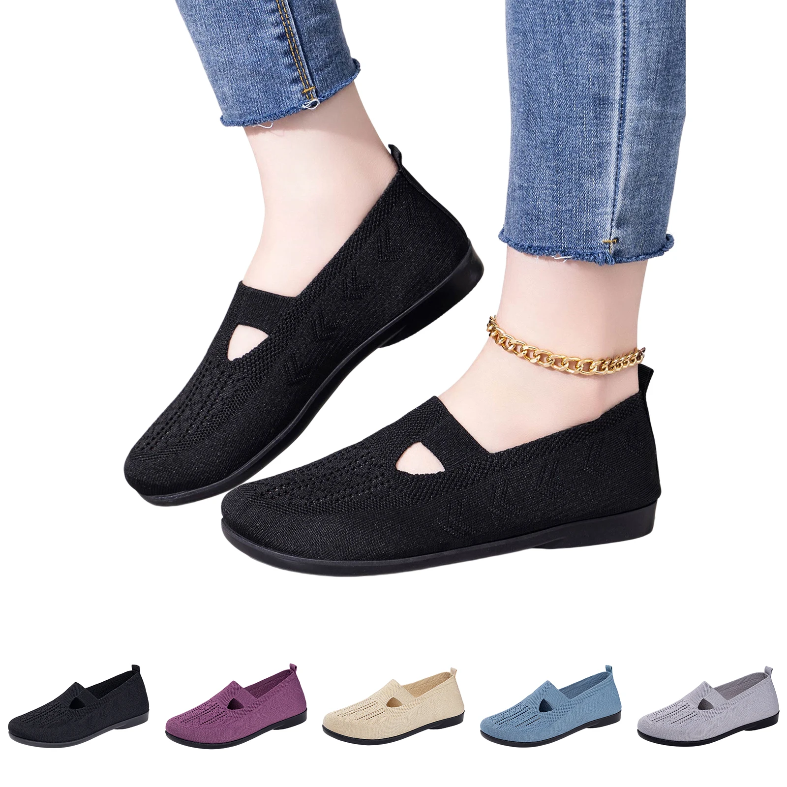 Flat Shoes Women Casual Slip On Loafers Knit Breathable Hollow Out Lightweight Soft Sole Non Slip Multicolor Daily Walking 2026