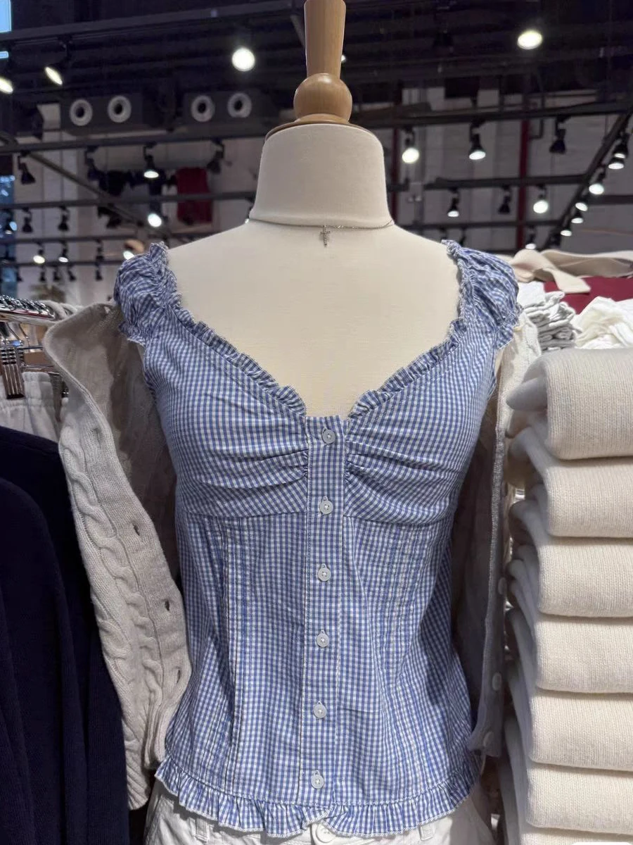 Blue Plaid Buttons T-shirt Shorts Set Woman Ruffles Puff Sleeve Slim Tees+Straight Sweatshorts Cotton Home Pajama 2 Piece Sets