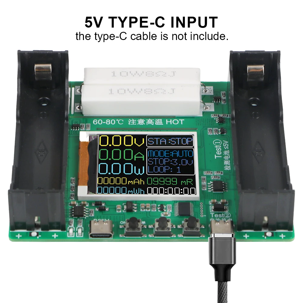 5V Charging Discharging Device 18650 Lithium Battery Capacity Tester Resistance Analyzer Electronic Load Tester Type-C Adapter