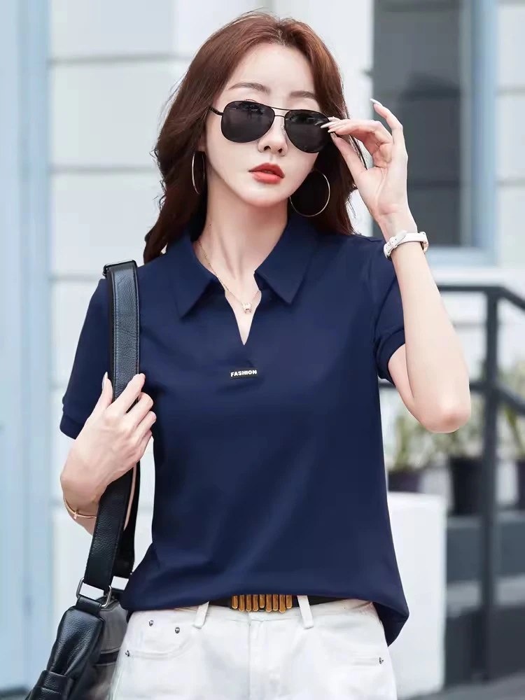 New Women Summer Polo V-Neck T-shirt Fashion Casual Short Sleeve Cotton Tees Tops Simplicity Loose Pullover White T-shirt