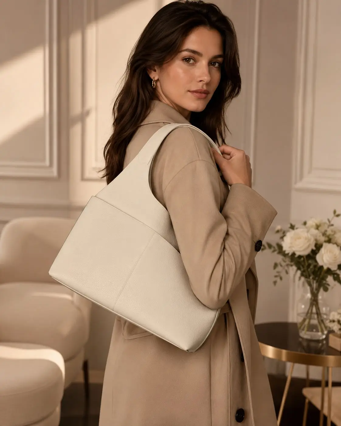 

Off-white pebble leather handbag with simple stitching details and a wide shoulder strap.