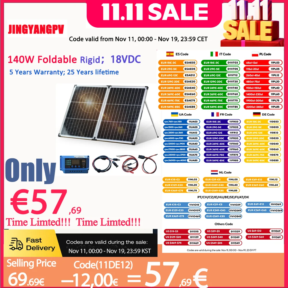 

Солнечная панель 140 Вт 18 В для зарядки аккумулятора 12 В, складная солнечная панель, монокристаллическая солнечная батарея, полный комплект системы, зарядка Power Bank