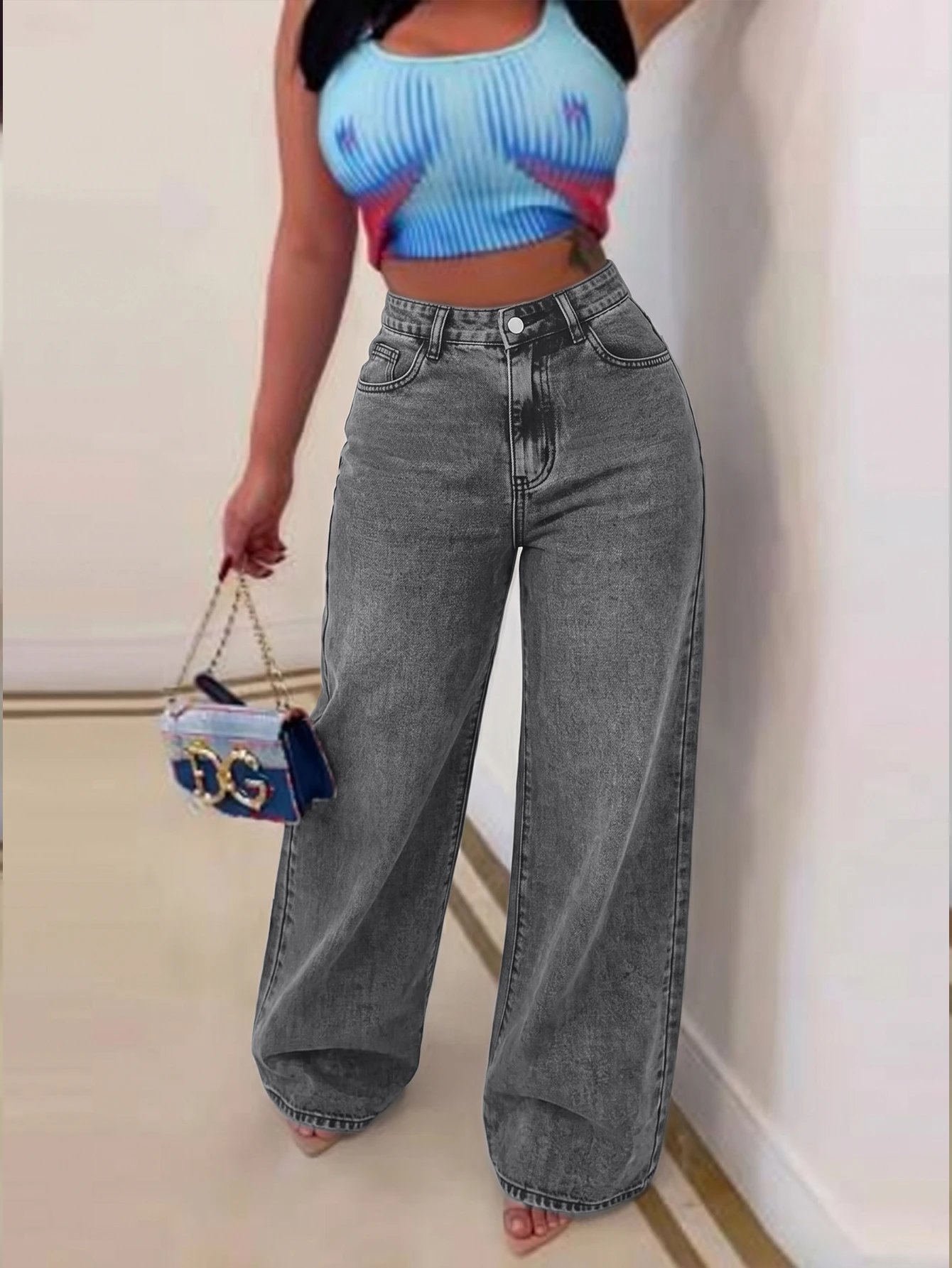 Plus Size Women High Waist Non-Stretch Wide Leg Jeans Vintage Stone Wash Whiskering Grey Denim Pants