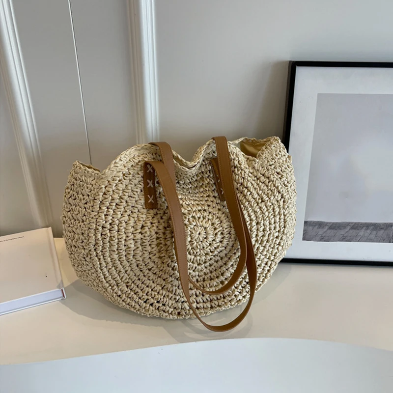 Women Straw Woven Tote Bag Large Capacity Vintage Shoulder Bag Round Hollow Summer Beach Bag Casual Bohemian Designer Handbag