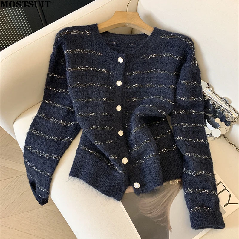 

Элегантный вязаный кардиган, свитер для женщин, осень-зима, полосатый однобортный топ с длинными рукавами, модный стильный шикарный женский джемп