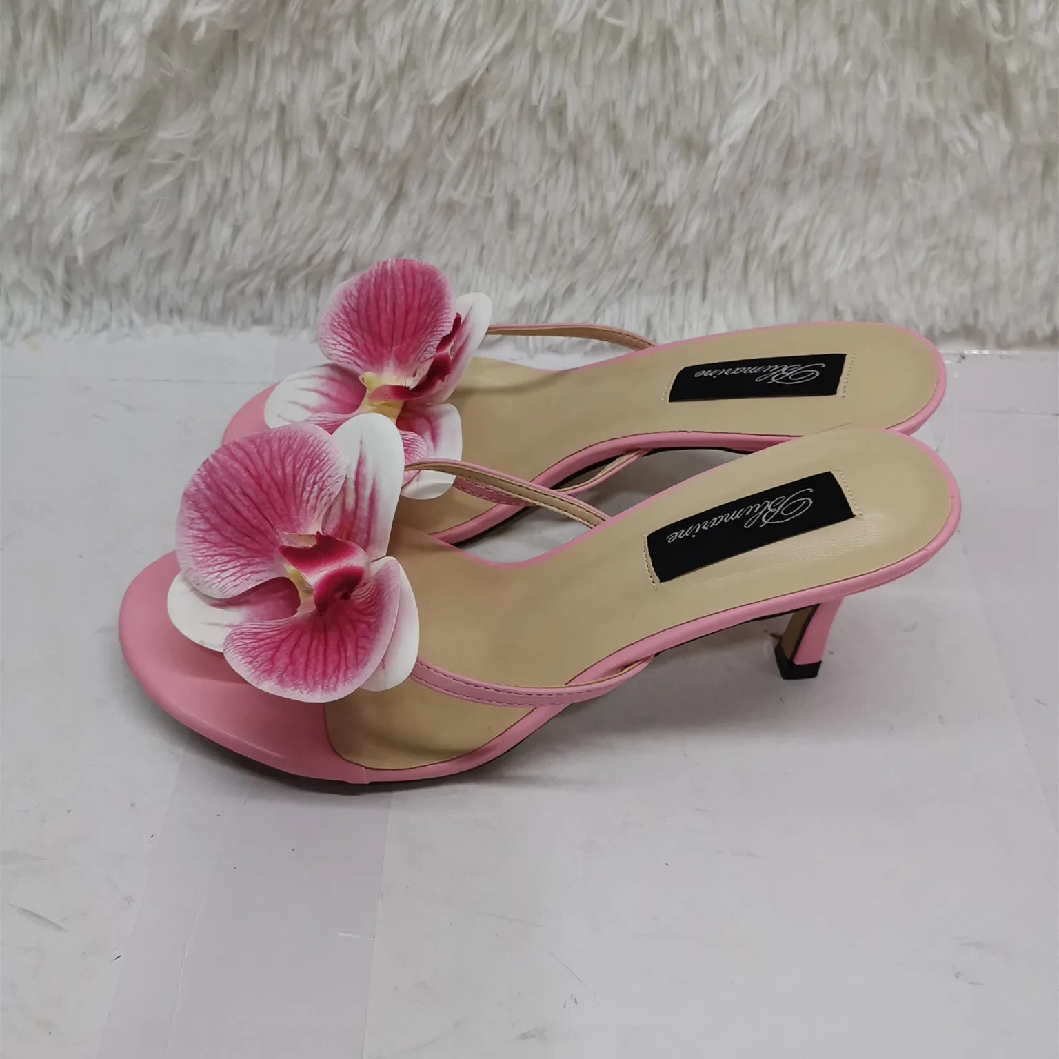 

Pink Orchid Flowers Decor Women Slippers Summer Outside High Heels Shoes Round Toe Thin Heels Ladies Slingback Slip-On Flipflops