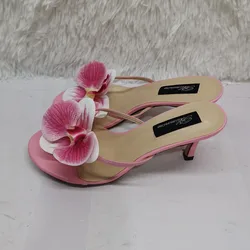 Pink Orchid Flowers Decor Women Slippers Summer Outside High Heels Shoes Round Toe Thin Heels Ladies Slingback Slip-On Flipflops