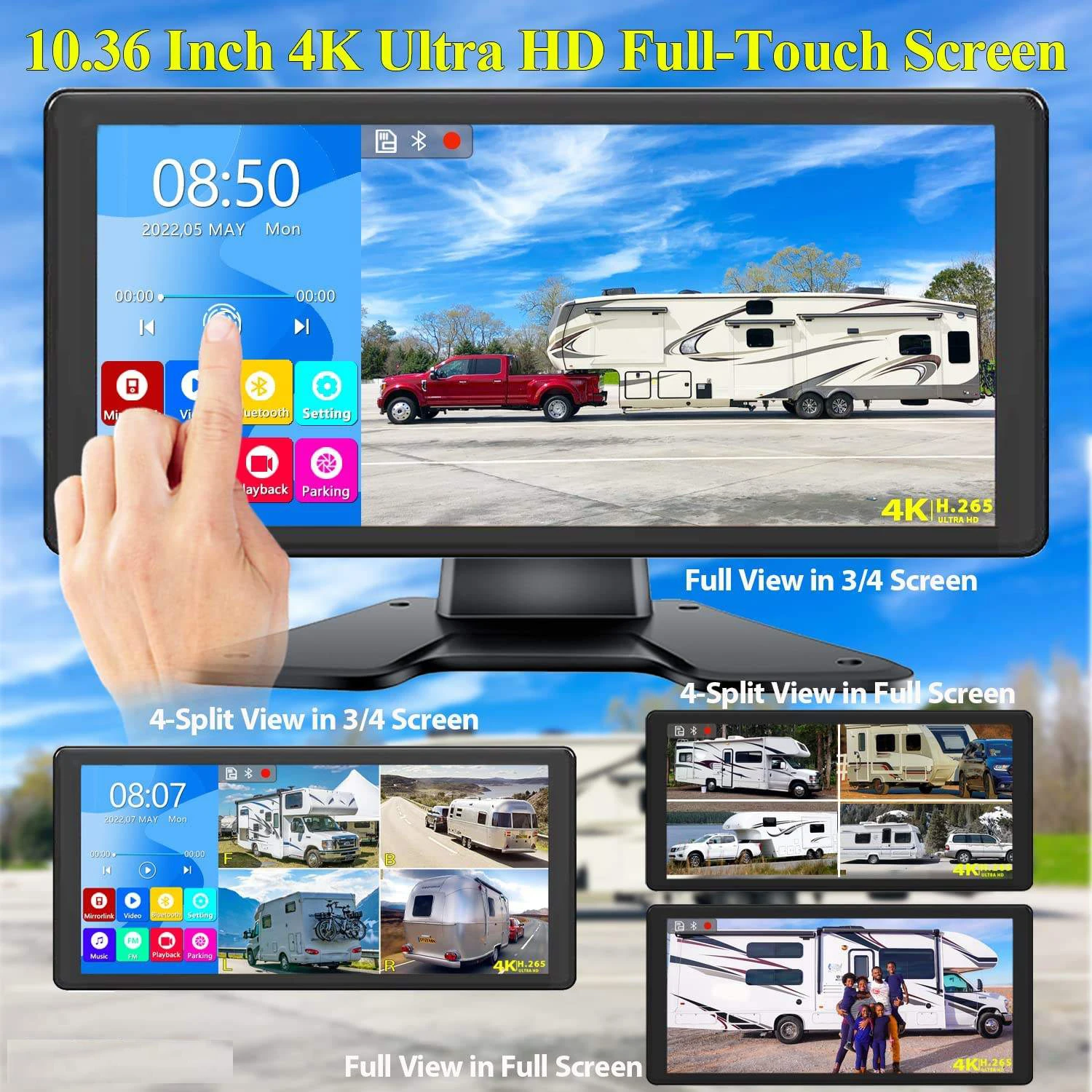 10,36 Zoll 4-Kanal AHD 1080P Kamera DVR Monitor mit Wide Surround View Bluetooth USB MP5 Player für LKW, Busse, Wohnmobile und Transporter