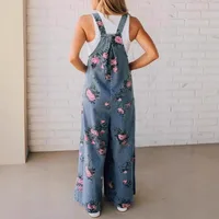 Denim Floral Print Trendy Sleeveless Jumpsuits for Women Rompers Festival Outfit Loose Overalls Pleated Pockets Long Pants - Image 4