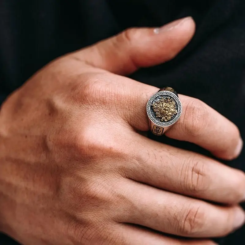 3D Yellow Jambhala Ring Men Vintage Style Adjustable Buddhist Wealth Deity Finger Amulet Jewelry