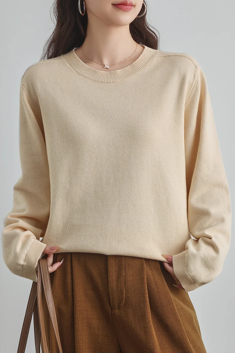 

Women 100% Cotton O-neck Sweater Top Pullover Thick Solid Color Casual Clothing Autumn Winter Knitted Soft Long Sleeve Base Warm