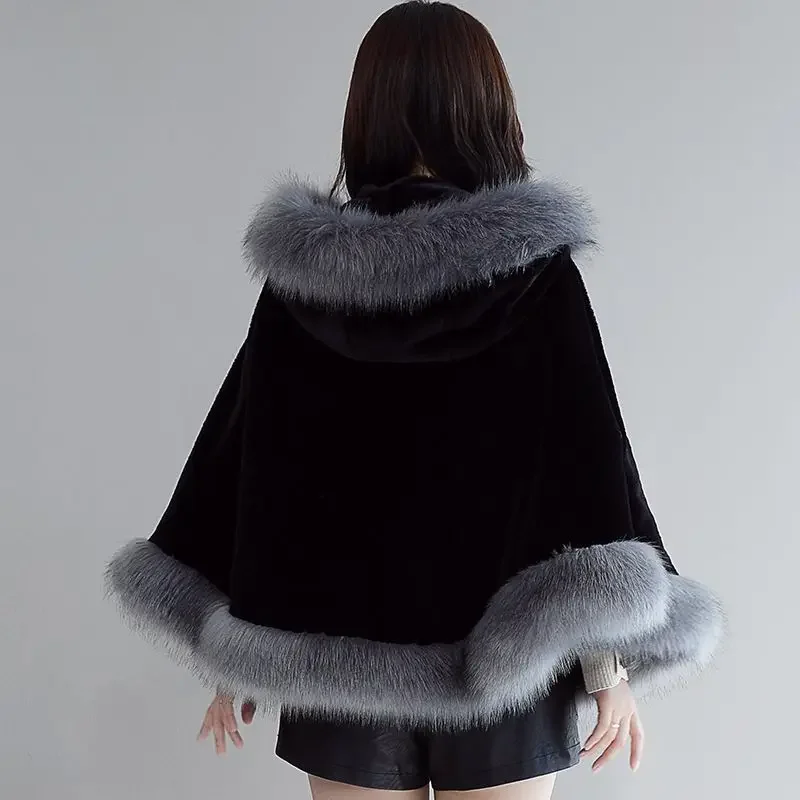 Autumn Winter New Fur Neck Hooded Cape Flocking Woolen Coat Women Loose-fitting Thicken Warm Elegant Female Outwear T296