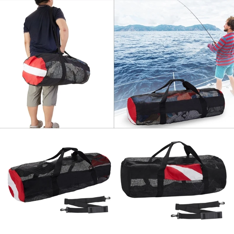 11UE Bolsa lona malla para buceo, bolsas playa grandes plegables y bolso mano con cremallera, equipo buceo y y