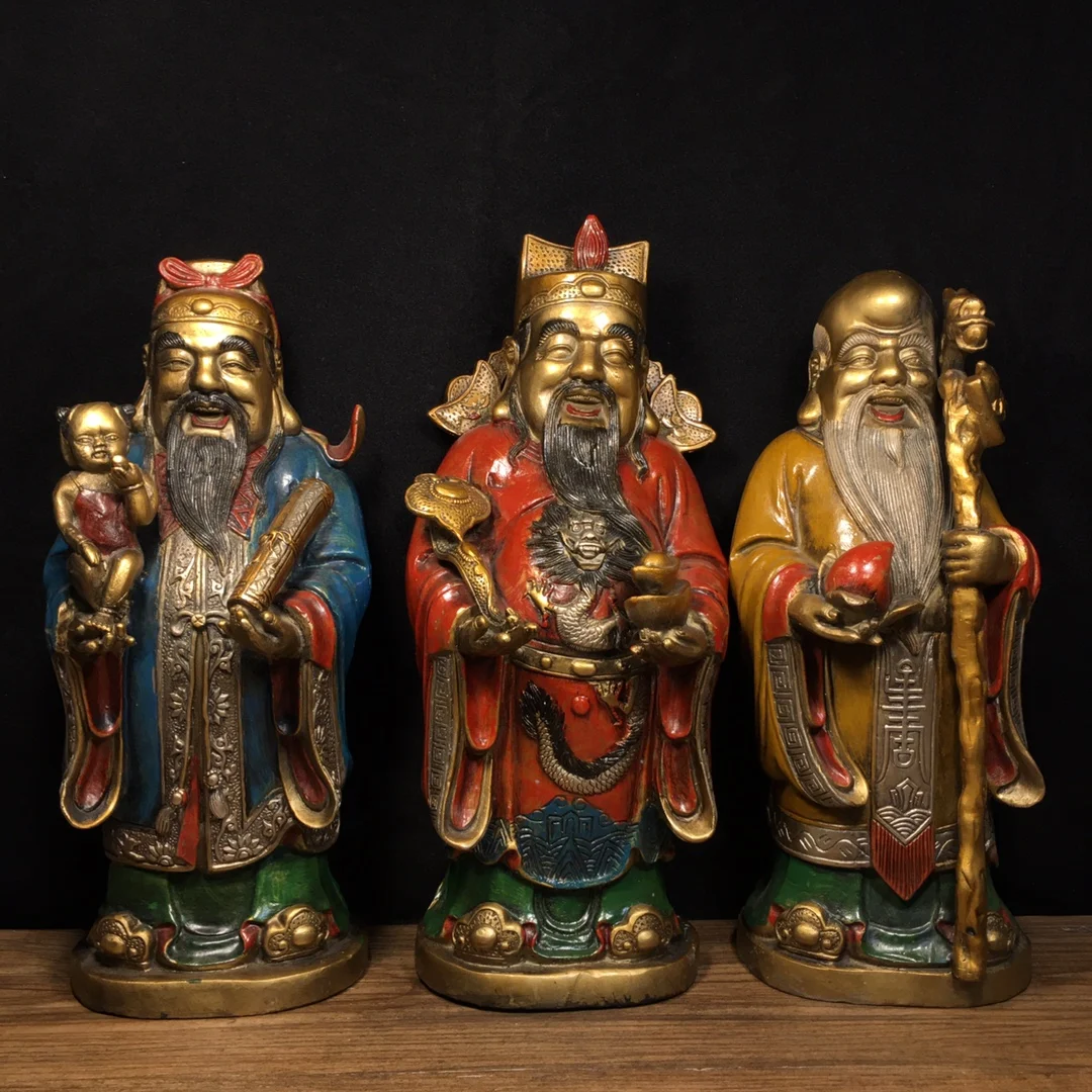 

13"Tibetan Temple Collection Old Bronze Painted Fu Lu Shou Three Immortals God of wealth Longevity god A set Worship Hall