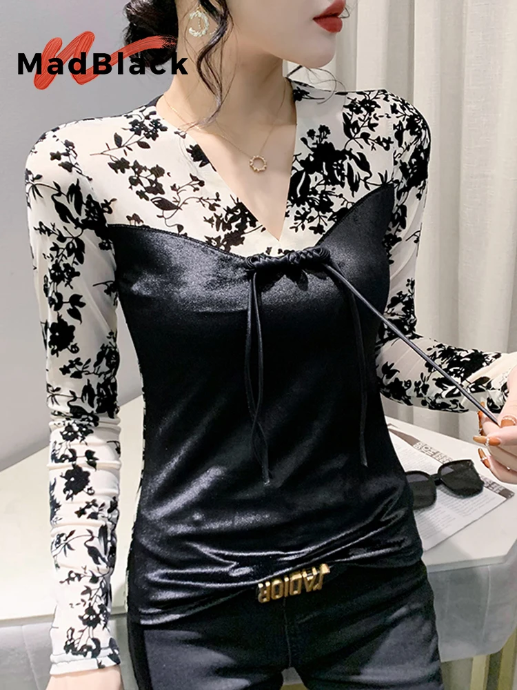 

MadBlack-женская футболка с флокированием в европейском стиле, сексуальная лоскутная футболка с v-образным вырезом, уличная тонкая футболка M-3XL с длинными рукавами, осень 2023, T5O407CC