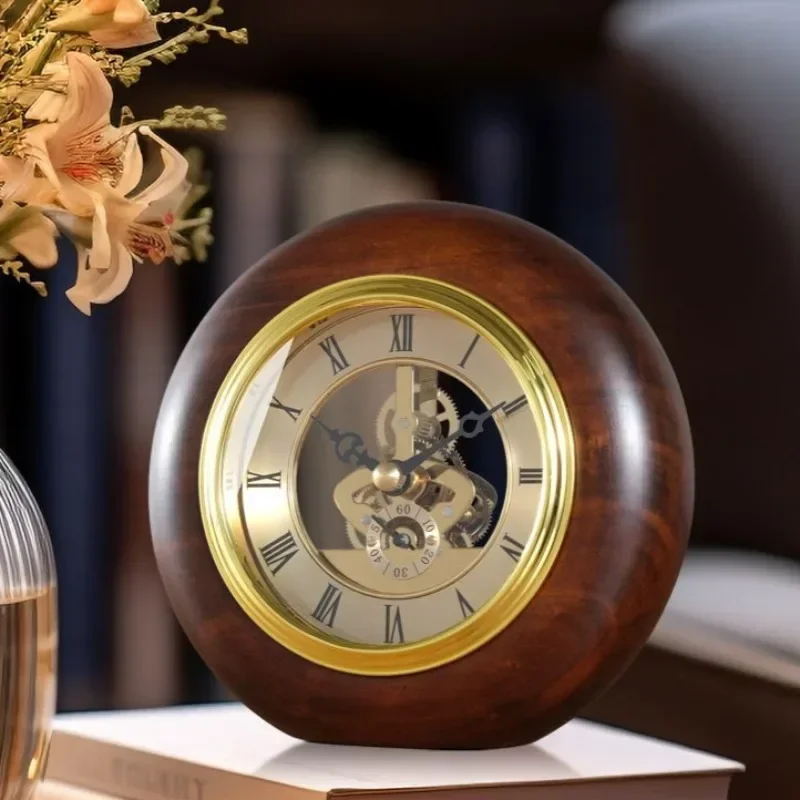 Solid Wood Household Clock Retro Mechanical Perspective Clocks Desktop Bedside Table Rotating Clocks Decorative Accessories