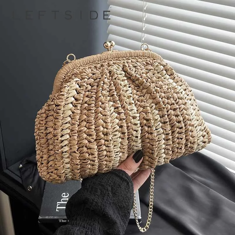 

LEFTSIDE Small Weave Straw Shoulder Bags for Women 2025 Luxury Brand Designer Chain Crossbody Bag Females Handbags and Purses