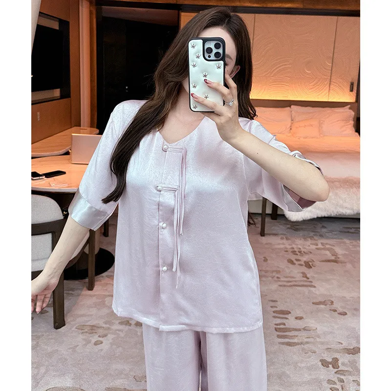 Summer Women Short Sleeve Pants Pajamas Set Loungewear Jacquard Satin Nightwear Pijamas Suit Loose Pyjama Femme Homewear