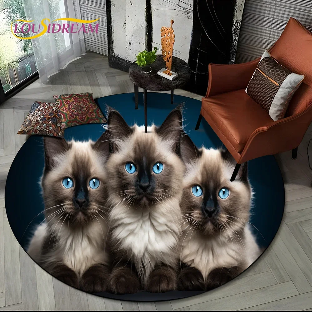 3D Persian Cat,Cute Calico Cat,Ragdoll Cartoon Round Carpet Rug for Living Room Bedroom Kid Playroom Decor,Pet Area Rug Non-slip