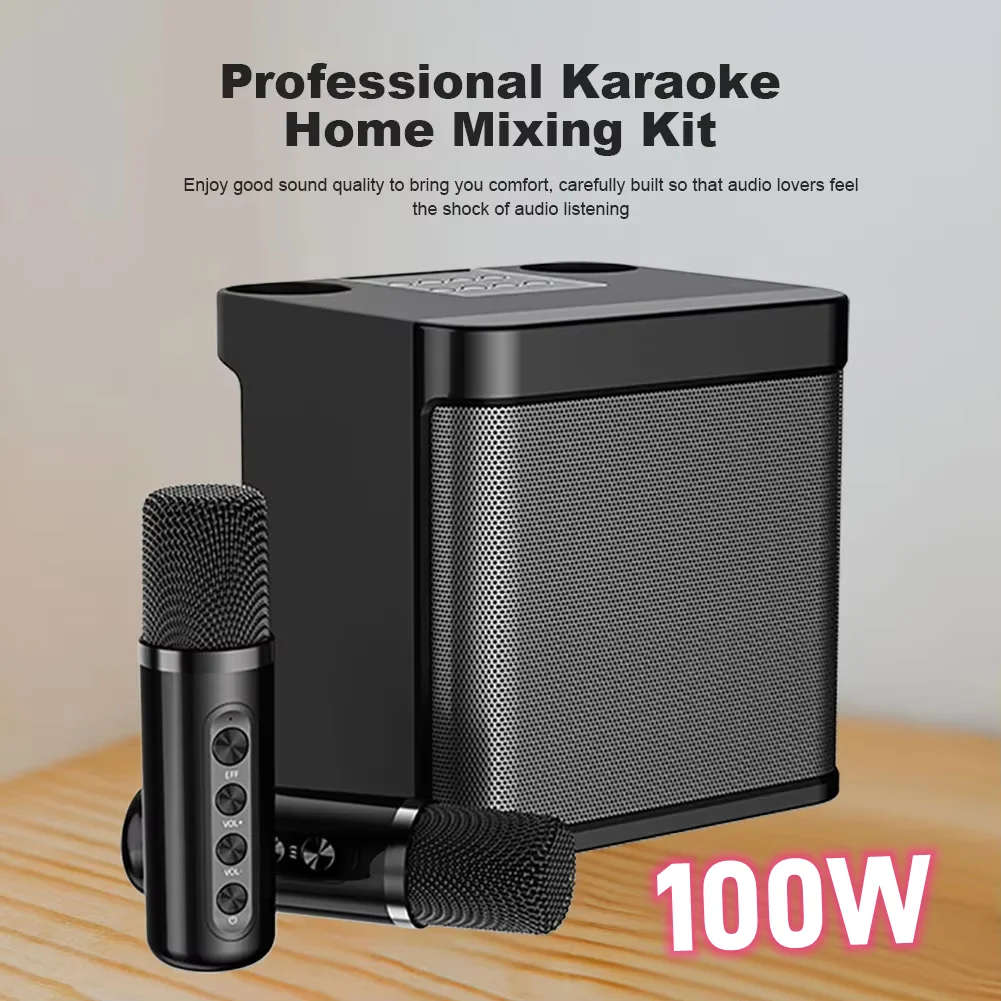 

100W Karaoke Machine With 2 Wireless Microphones Outdoor Portable Boombox AUX TF Card U Disk Player Voice Changer For Party