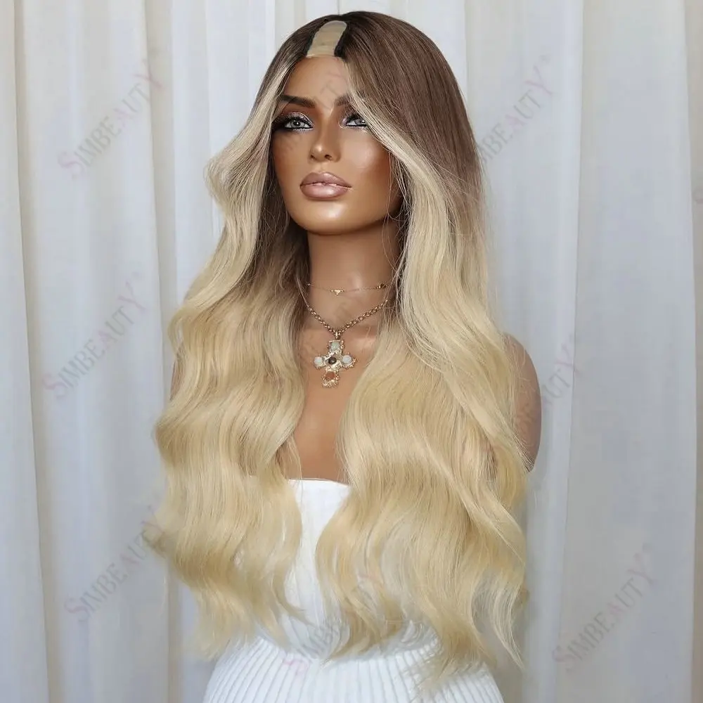 Braune Wurzeln Ombre Blonde Klebefreie V-Teil-Perücke aus Echthaar für Frauen, Einfach zu Tragen, Verstellbar, 1x4 U-Teil-Perücken, 100% Brasilianisches Jungfrauenhaar – Detail 1