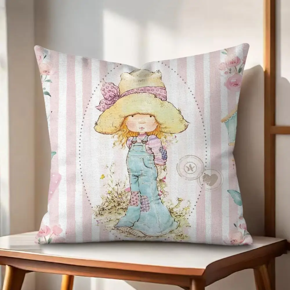 Art S-Sarah K-Kay Swing Girl Cushion Cover Eco Linen Pillow Case Double-Sided Print Breathable Durable Zipper Home Decor Gift
