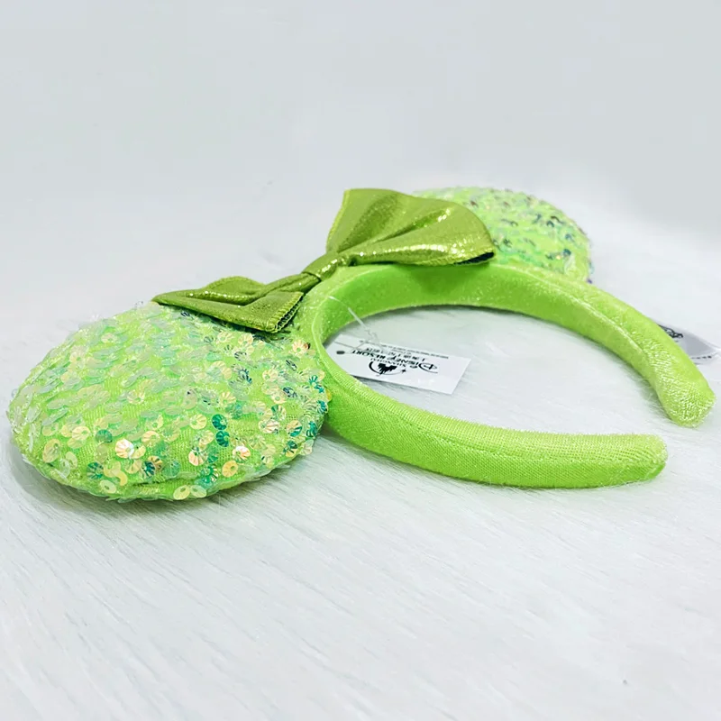 New Disney Green Plush Soft Mickey Minnie Ear Headband For Adults Clear Shell Sequins Headband Minnie Park Accessories Headwear