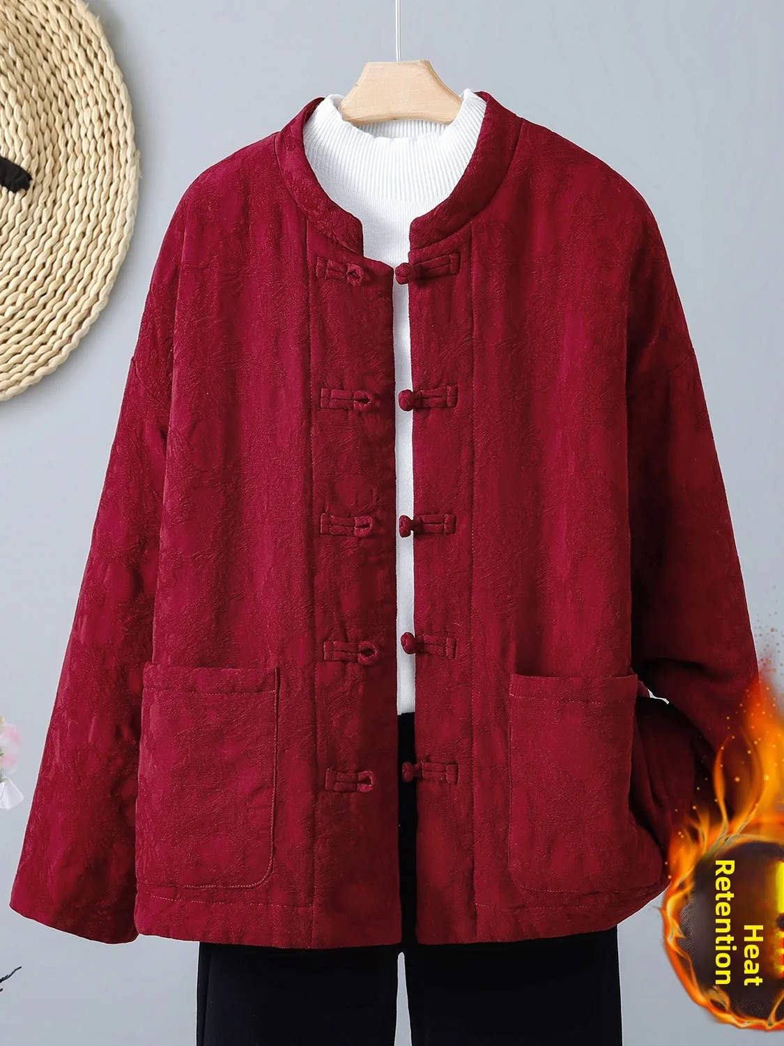 

Red Embroidered Cotton Jacket Women's Winter Thickened Large Size Mom Cotton Clothes Floral Patterned Turn-down Collar Coat