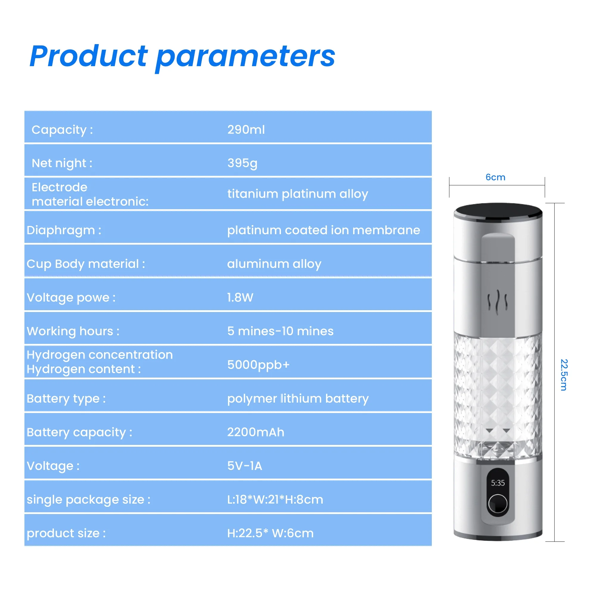 Hydrogen Water Bottle,with PEM SPE Technology, 290ml,Hydrogen Water Generator,Portable hydrogen inhalation, Typc-C Rechargeable