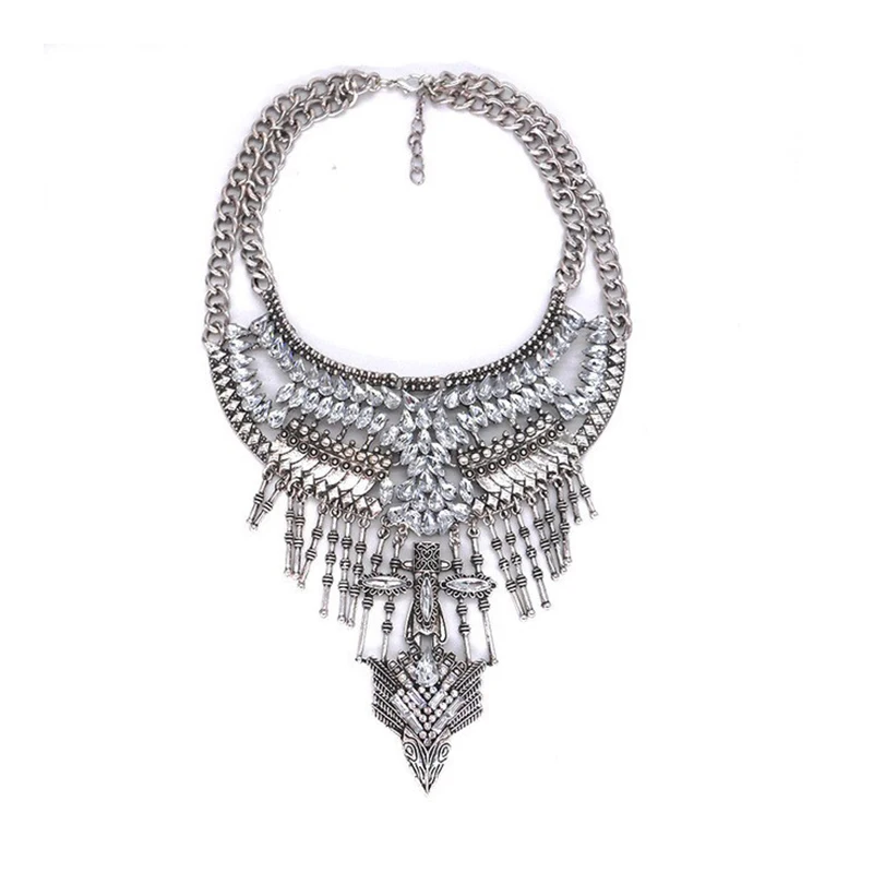 

Costume Jewelry Bohemian Tribal Vintage Silver Plated Exaggerated Crystal Rhinestone Chunky Statement Necklace for Women