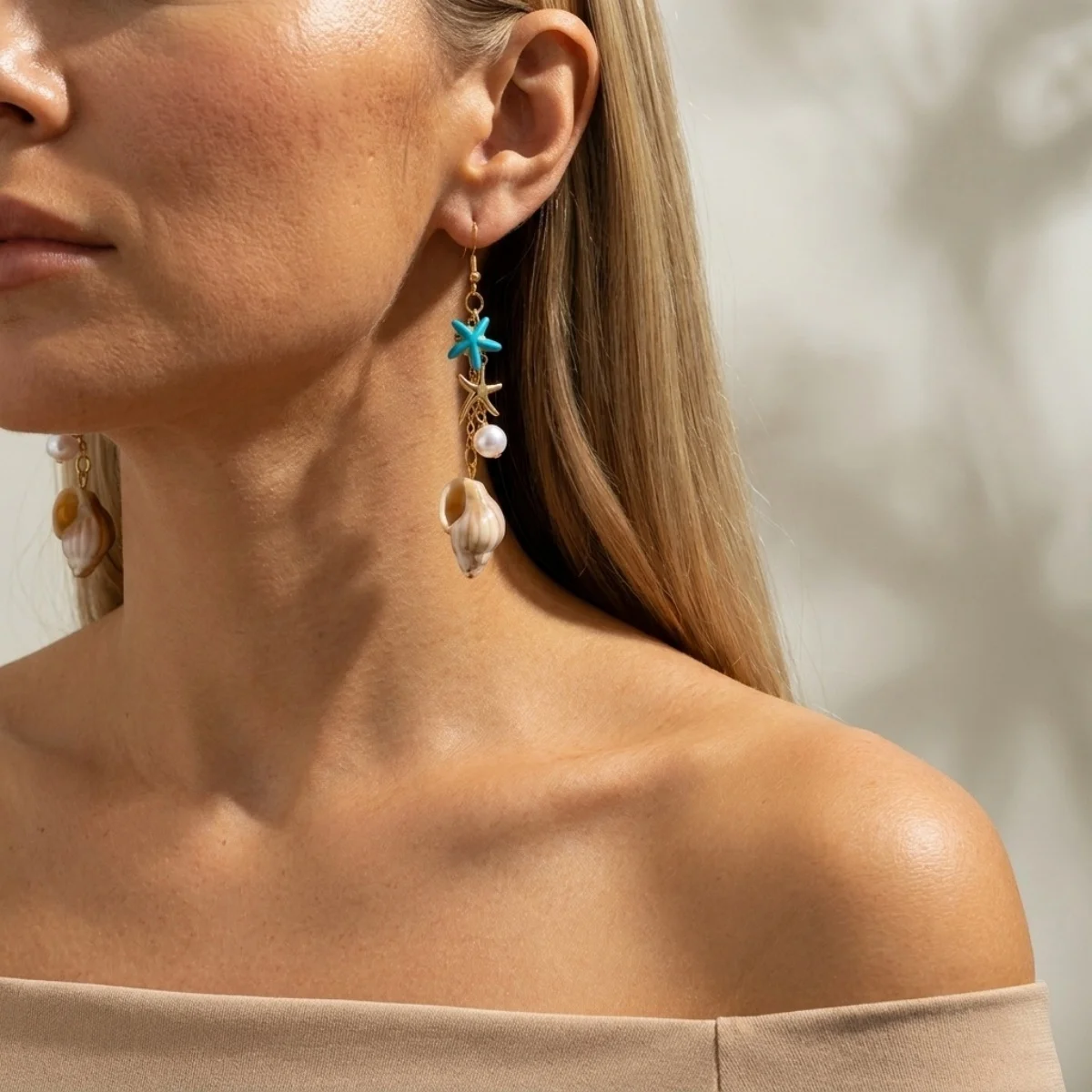 Ozean-Urlaub Seestern Muschel Seepferdchen Imitationsperlen Tropfenohrringe für Damen und Herren Böhmische Muschelohrringe Sommer Strand Schmuck – Detail 16