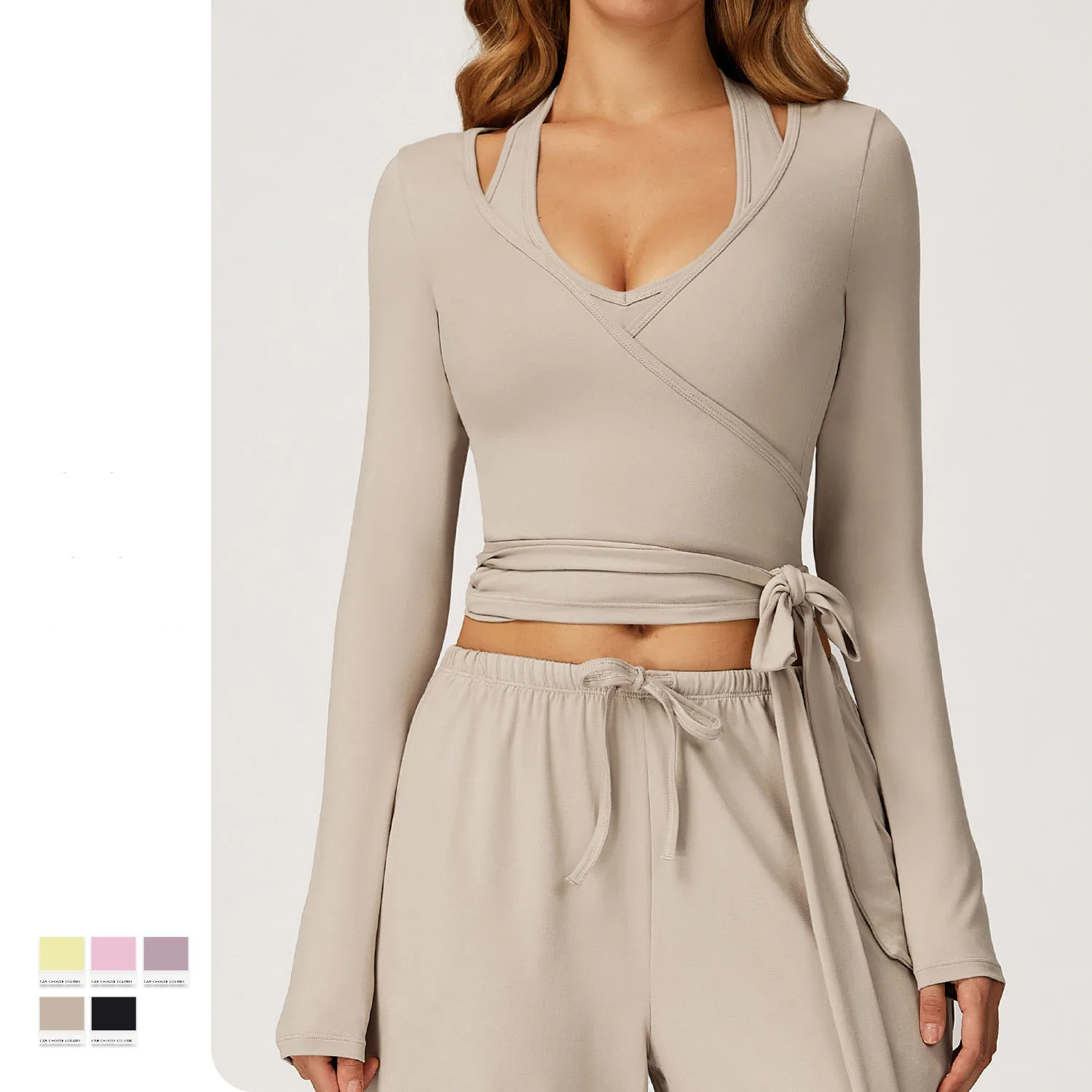 

Женский фланелевой топ с запахом для йоги с длинными рукавами — цельный комплект с регулируемым поясом, одежда премиум-класса для тренировок на открытом воздухе для спортзала и пеших прогулок