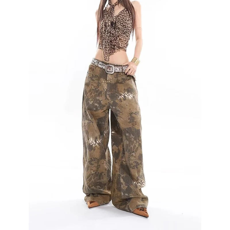 

Oversized Retro Wide Leg Pants Jeans For Women Chic Camouflage Y2K Low Waist Baggy Jeans Trouser Mens Barrel Jeans Streetwear